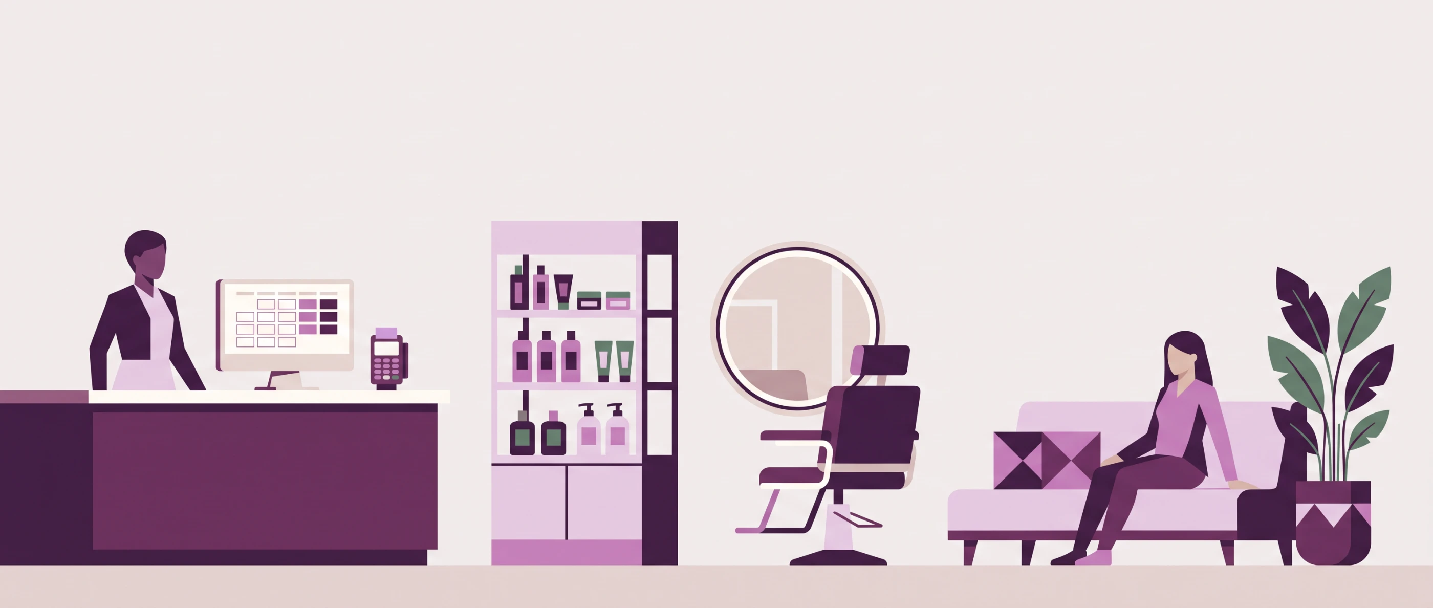 Flat illustration of a salon interior: a receptionist at a reception counter with a calendar on screen and a card terminal, a retail shelf of products, a styling chair and mirror, and a client waiting on a bench.