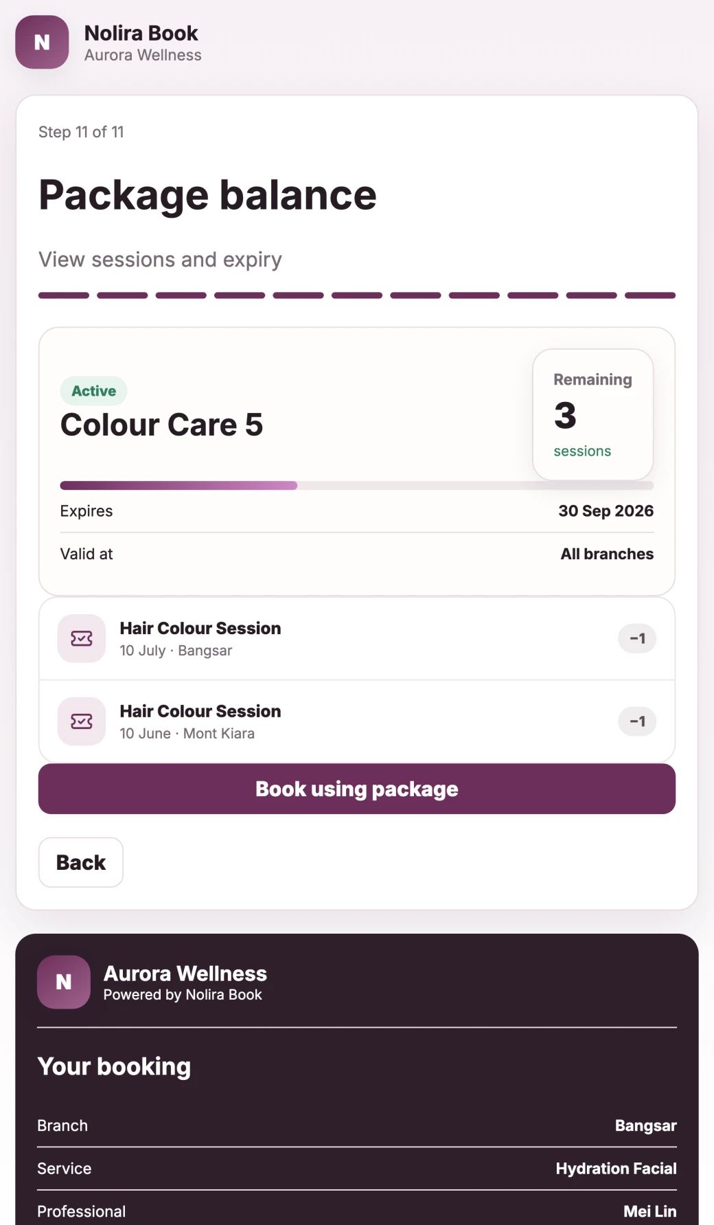 Nolira Book package balance screen showing a customer their remaining sessions and expiry date.