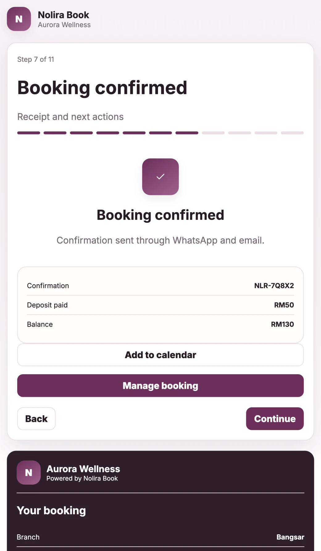Nolira Book confirmation screen with the booking details, receipt and next actions.