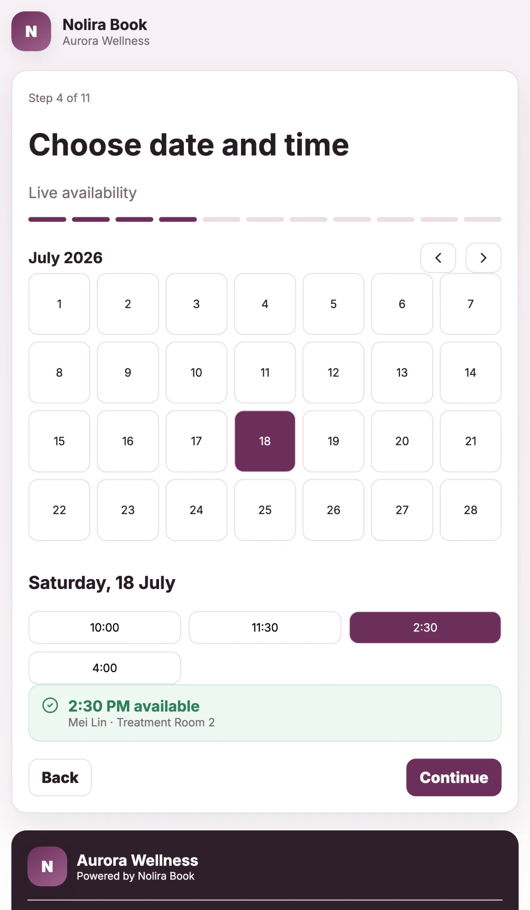 Nolira Book customer booking site showing a date picker and live availability for a chosen service.
