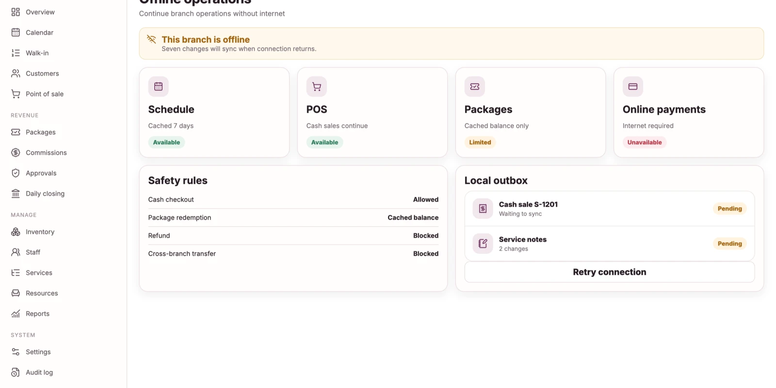 Offline state screen showing which operations continue locally, which are held, and a local outbox of pending changes.