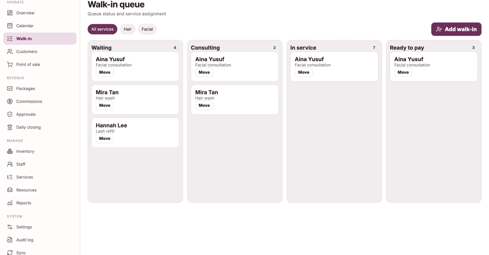 Walk-in queue board with columns for waiting, called, in service and ready for checkout.