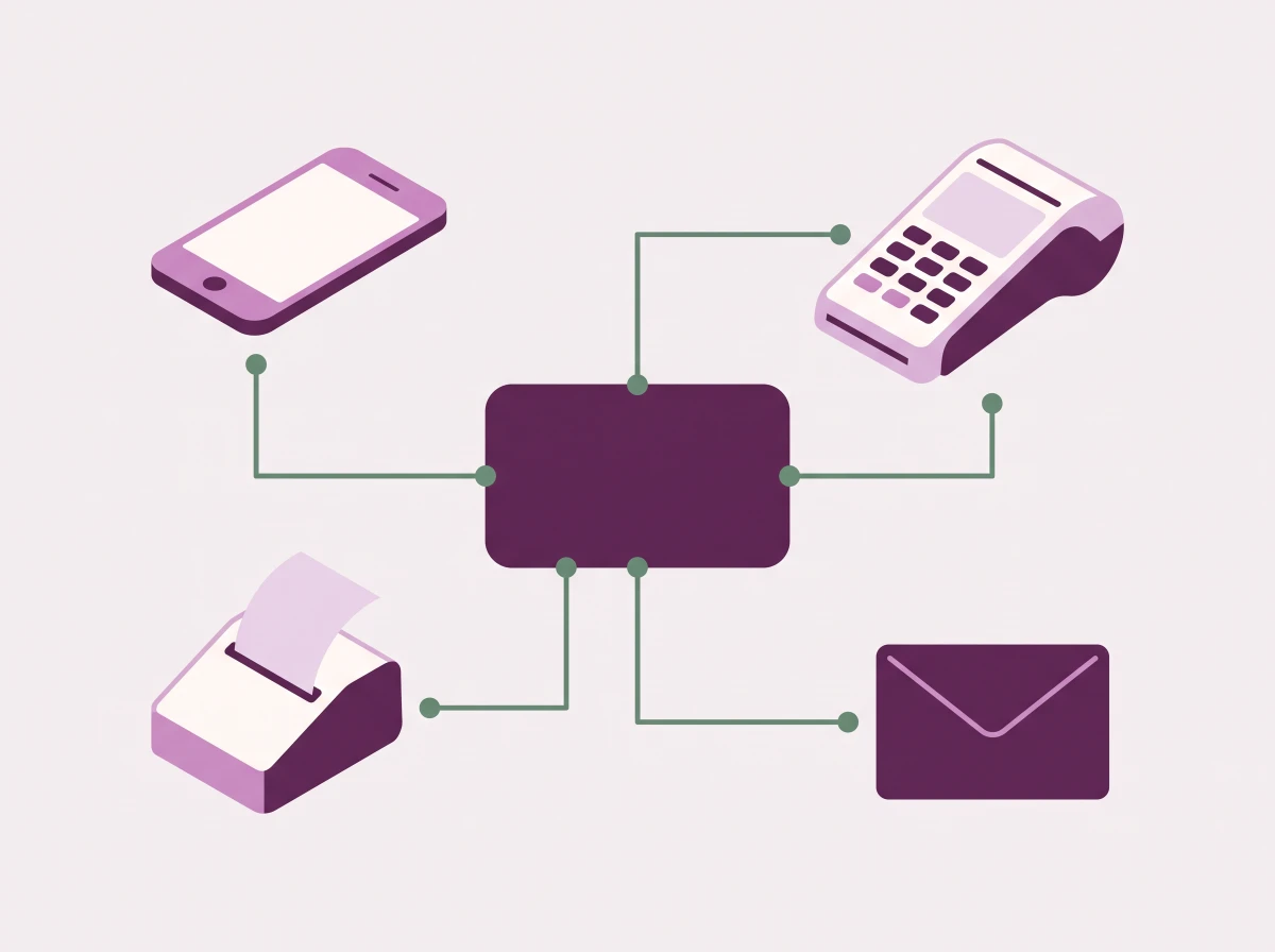 Flat illustration of a central hub connected to a phone, receipt printer, card terminal and email.