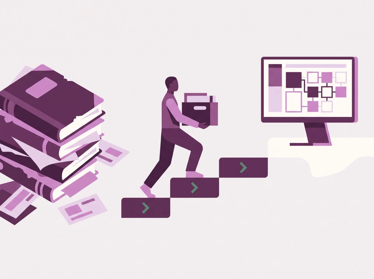 Flat illustration of records moving from paper ledgers up a stepped path into a clean system.