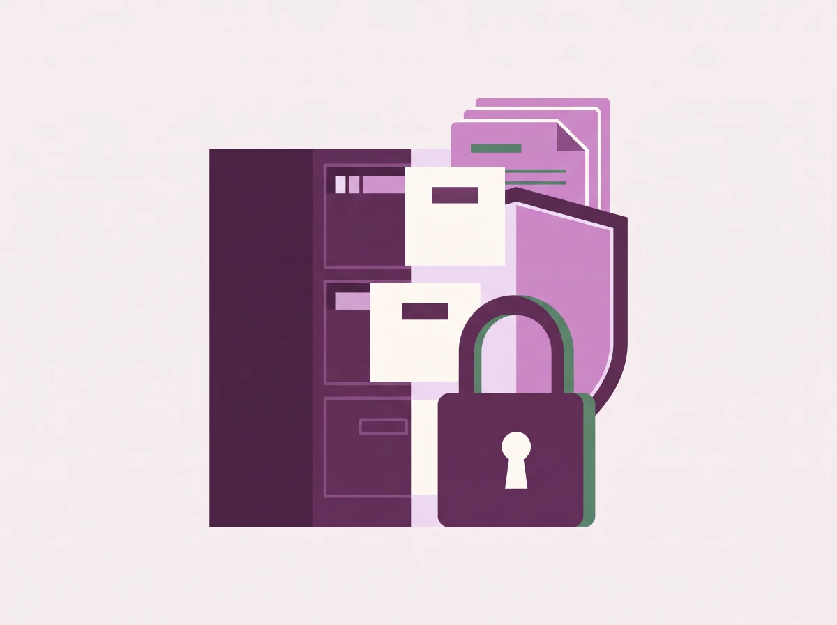 Flat illustration of a locked cabinet of client records behind a shield panel.