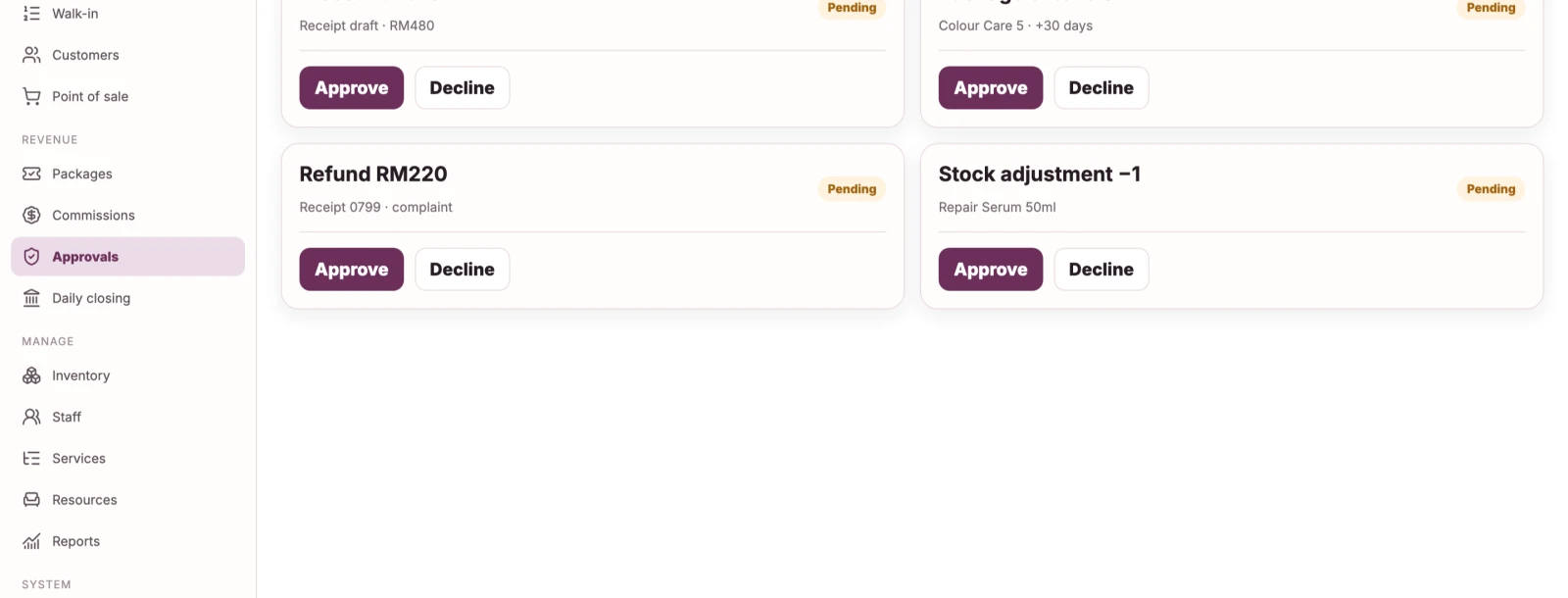 Approvals queue listing discount requests, refunds and stock adjustments awaiting a manager decision.