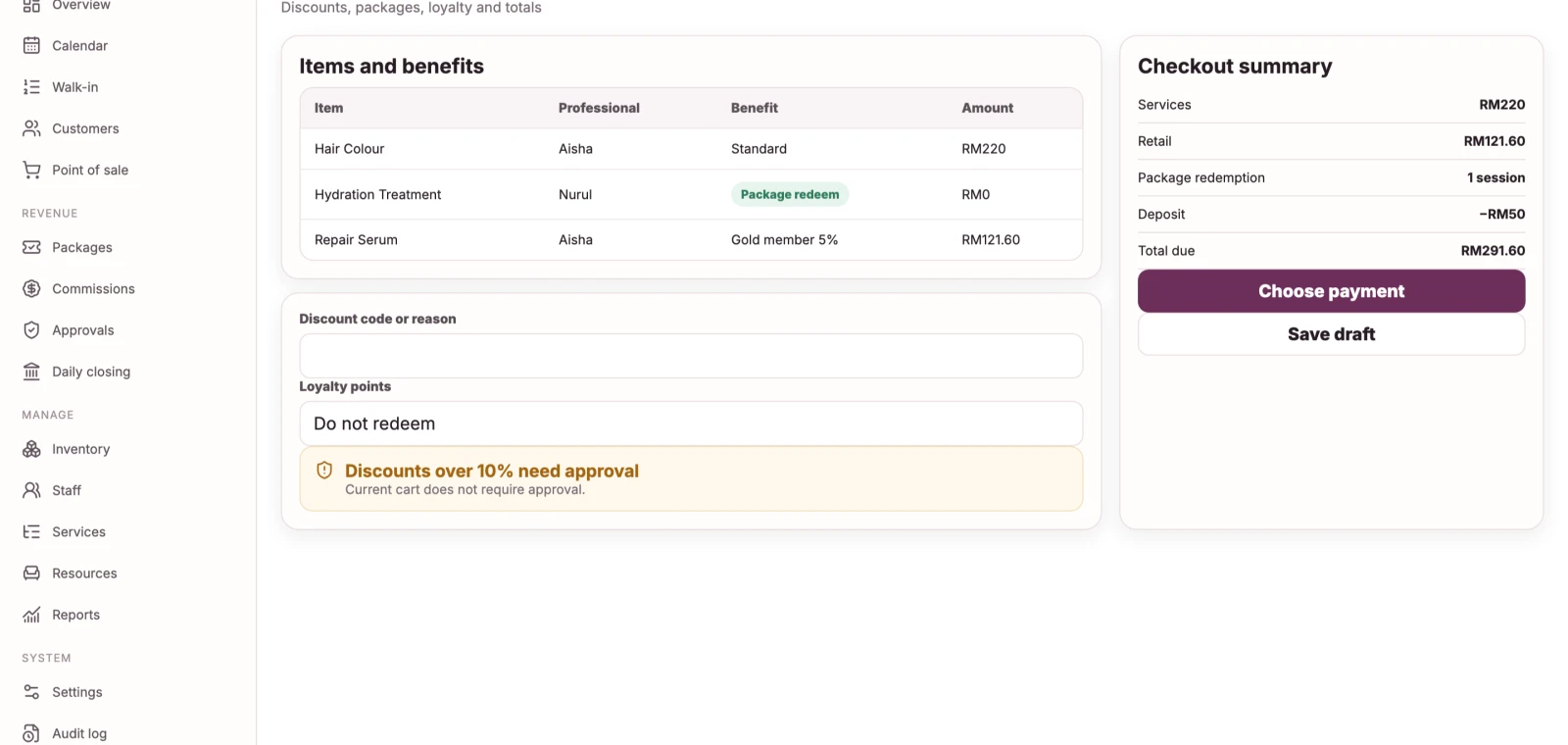 Checkout screen listing items and benefits on the left with a checkout summary and payment options on the right.
