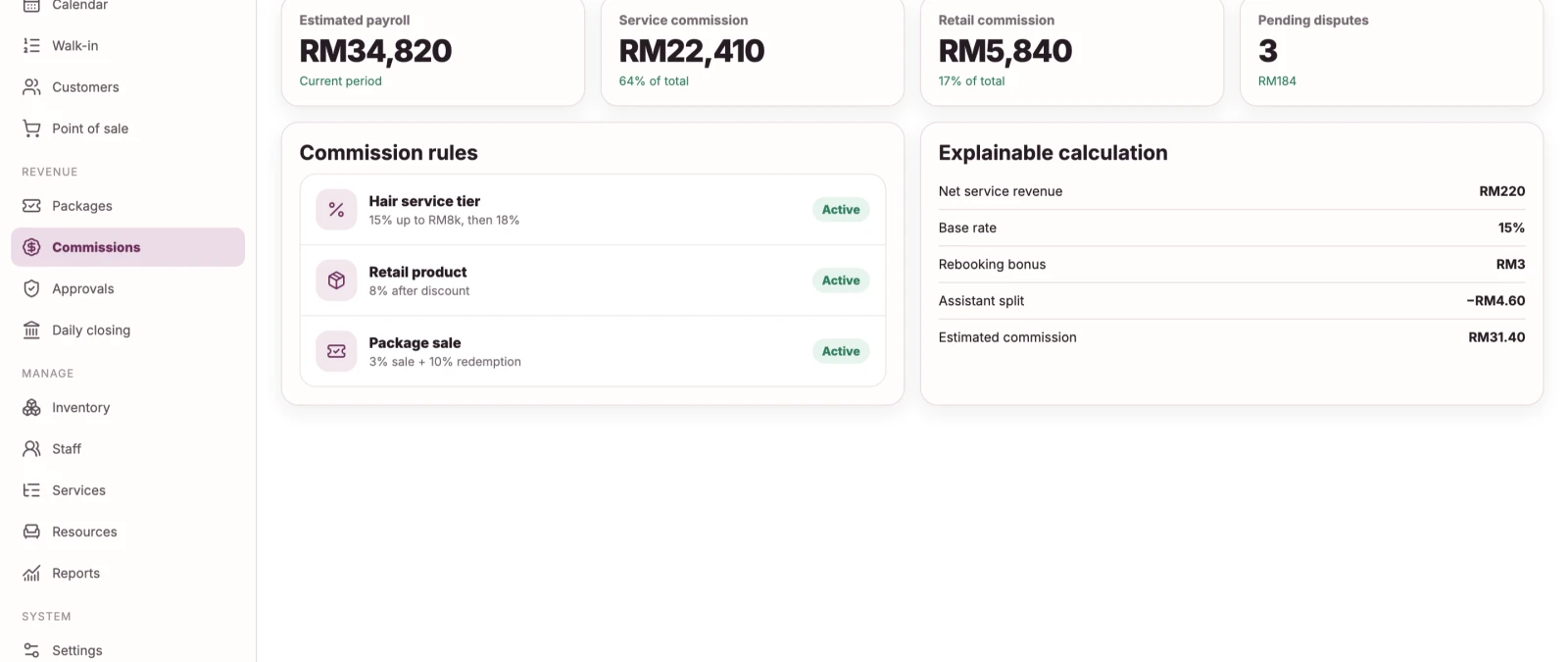 Commission screen showing estimated payroll, active commission rules, and a line-by-line explanation of one calculation.
