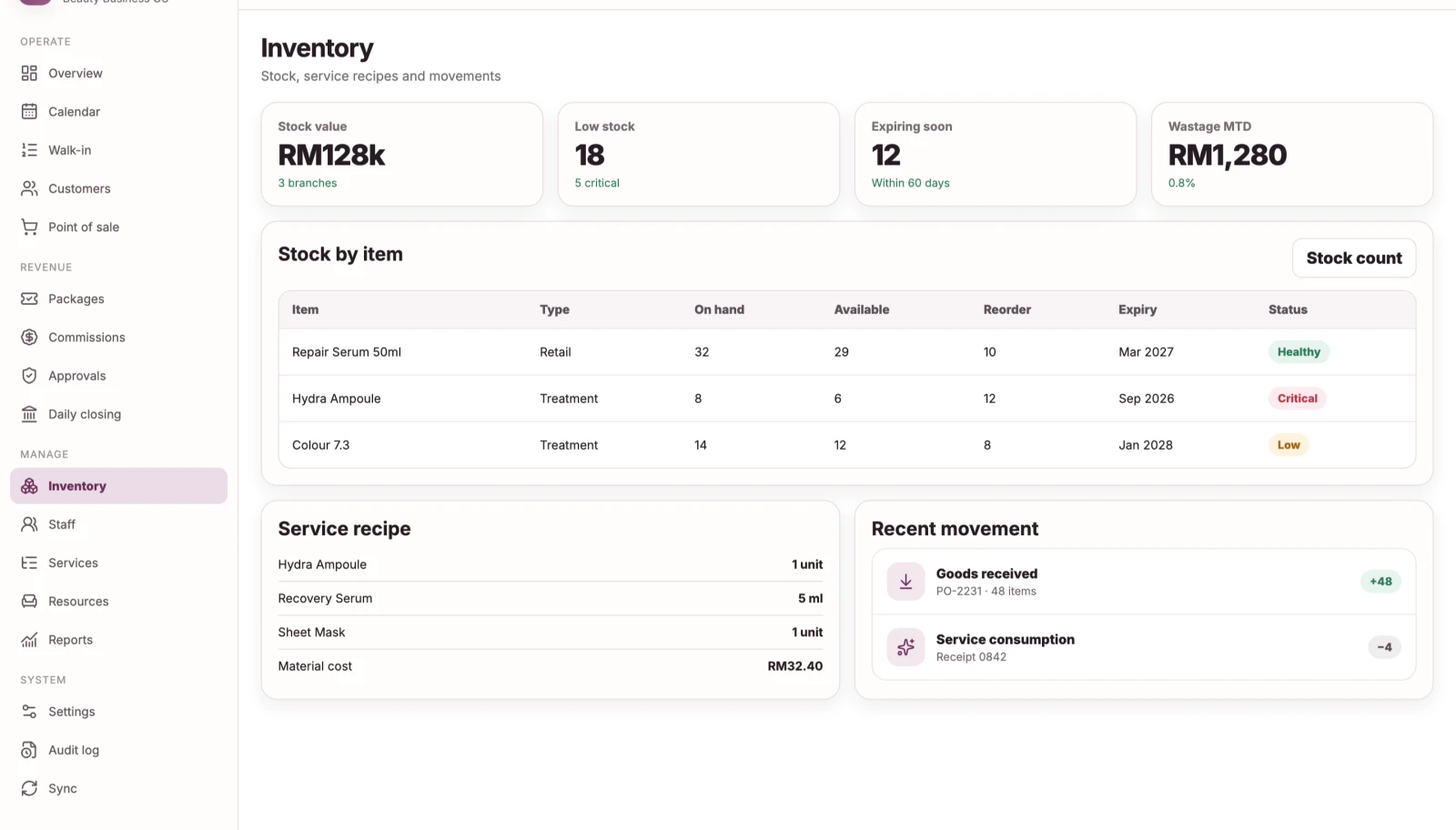Inventory screen with stock value, low stock and expiring counts, a stock list by item and recent stock movements.