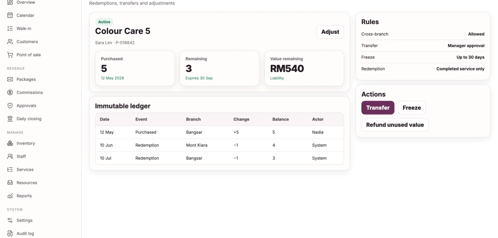 Package detail screen showing sessions remaining, expiry, and an immutable ledger of every purchase, redemption and adjustment.