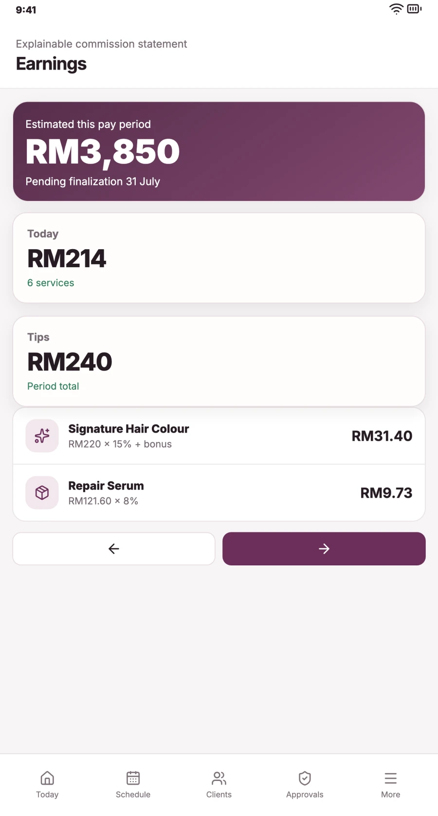 Nolira Team earnings screen showing estimated pay for the period with a line-by-line breakdown per service.