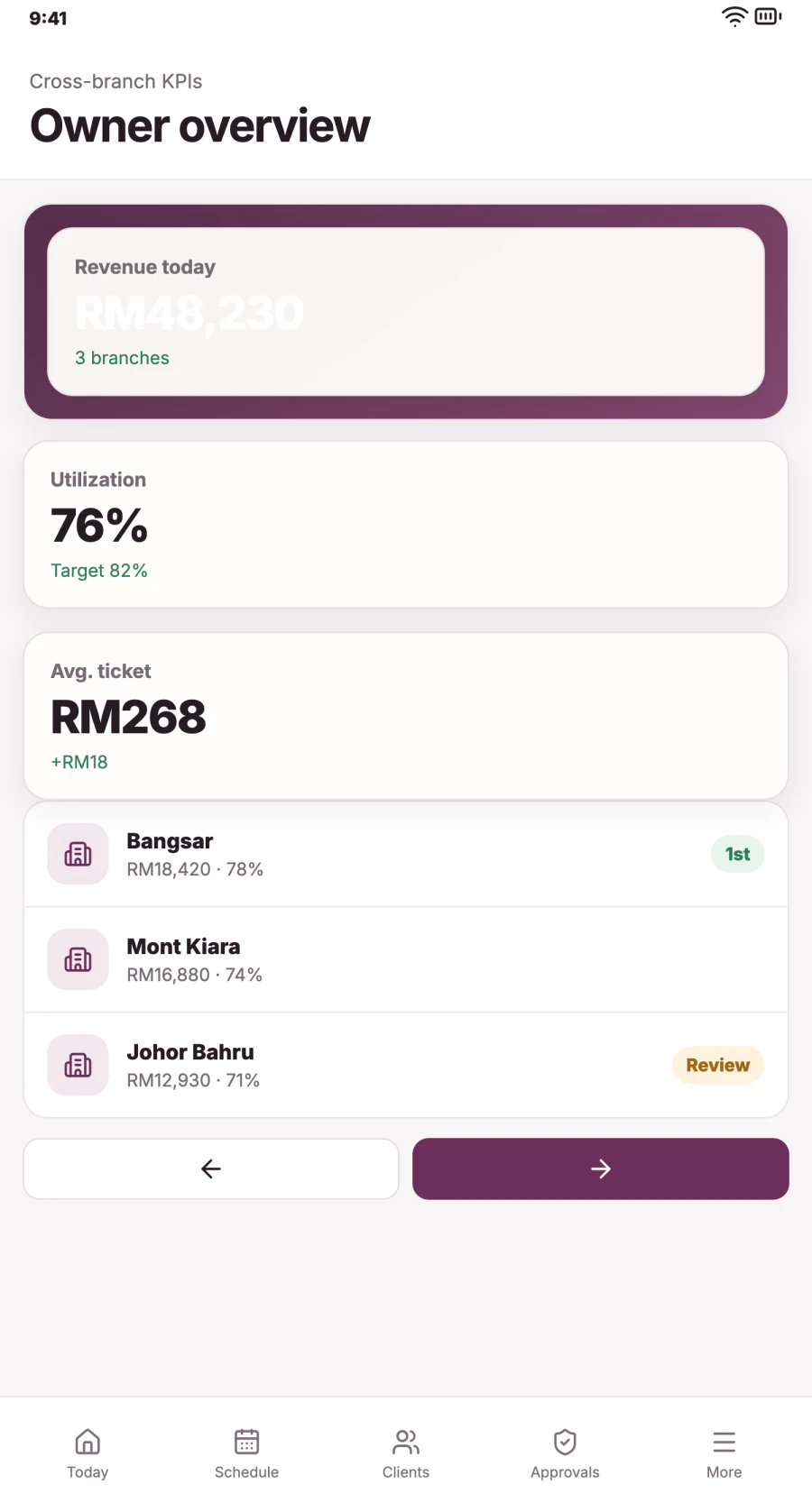 Nolira Team owner overview showing cross-branch revenue and utilisation on a phone.