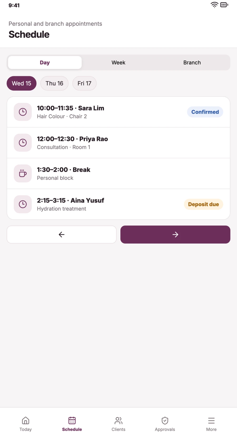 Nolira Team on iPhone showing a staff member's schedule for the day with appointment times and statuses.